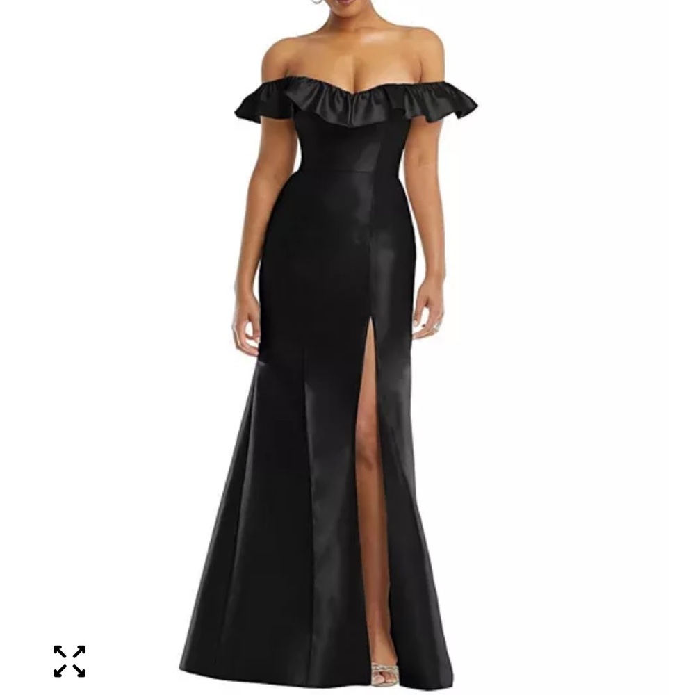 ALFRED SUNG Off-the-Shoulder Ruffle Neck Satin Trumpet Gown